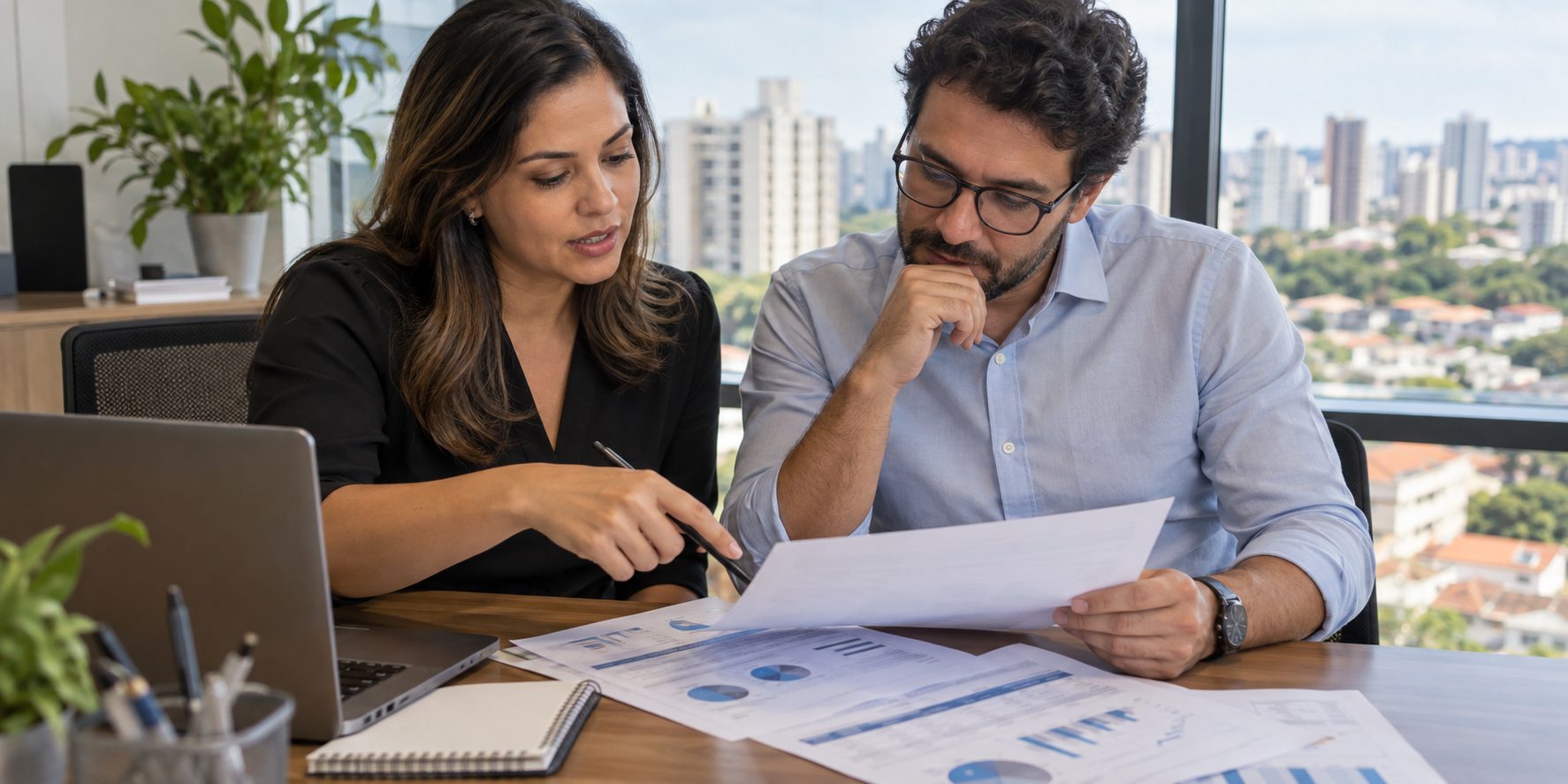 Dois funcionários em escritório de Campinas comparando opções de plano de saúde